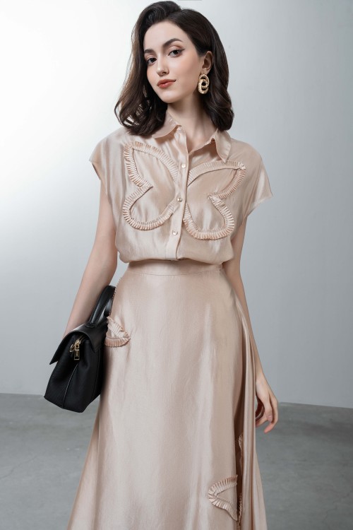 Sixdo Dark Beige Butterfly Organza Midi Skirt